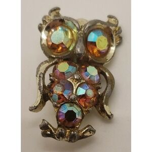 Vintage Gold Tone Aurora Borealis Rhinestone‎ Owl bird Brooch Pin